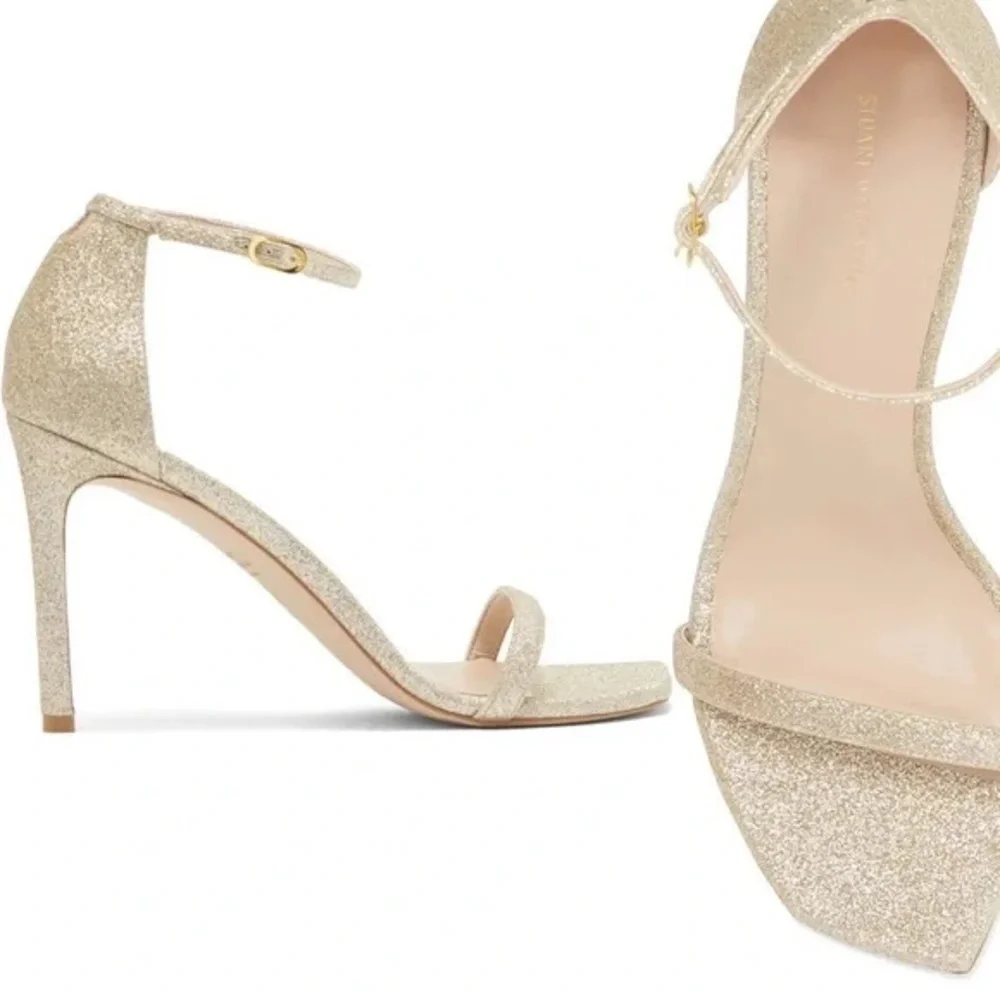 Stuart Weitzman Amelina Glitter Gold Ankle Strap Sandals Heels